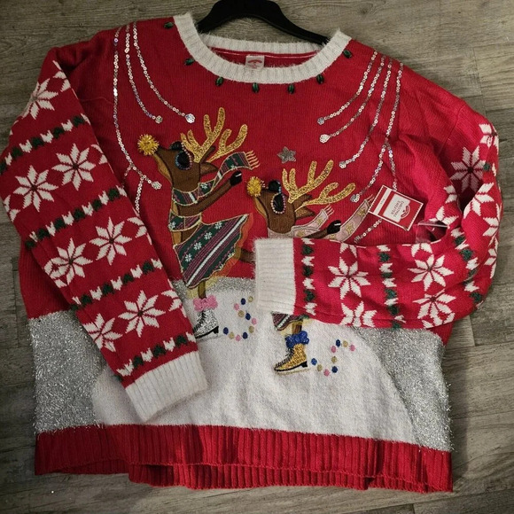 Womens Embellished Red Glitter Sequin Reindeer Christmas UGLY Sweater NWT Sz 1X - Picture 1 of 5